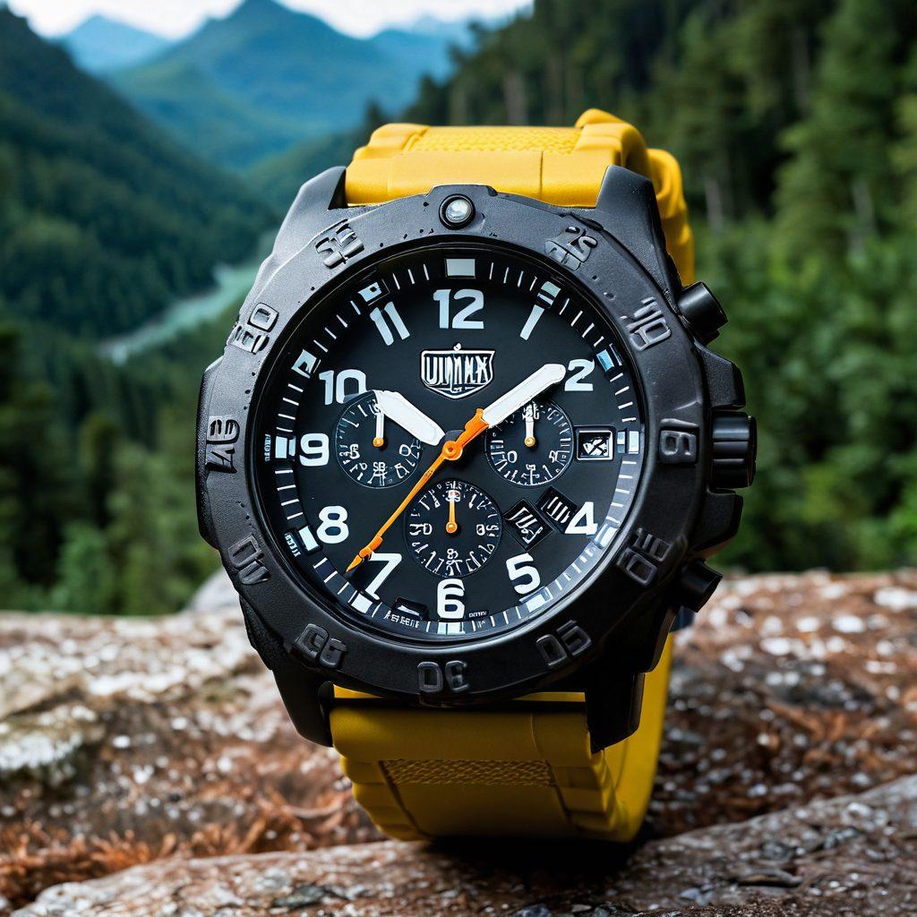 A close-up of a Luminox timepiece showcasing its rugged design and luminous features, set against a backdrop of an adventurous landscape such as mountains or a lush forest. Include elements that suggest exploration, like a compass and a hiking trail. The watch should capture the light, emphasizing its durability and luxury. super-realistic. vibrant colors. outdoor setting.