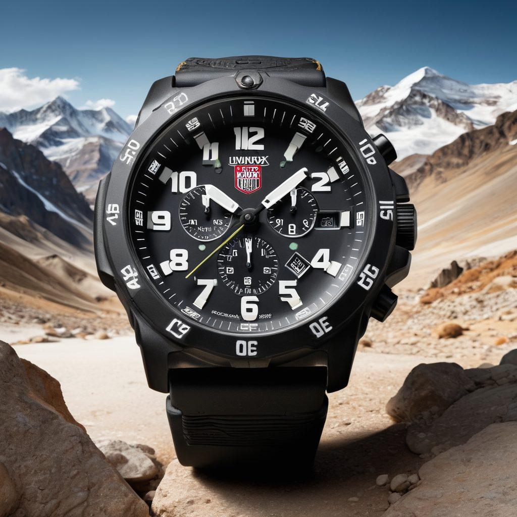 A dynamic collage showcasing Luminox timepieces in various environments: a rugged tactical setting with a watch equipped for night missions, a sporty backdrop with a watch being worn during an outdoor adventure, and a sleek urban style featuring a watch on a stylish wrist. Incorporate elements like mountains, a racing track, and cityscapes, all blended seamlessly. super-realistic. vibrant colors. white background.