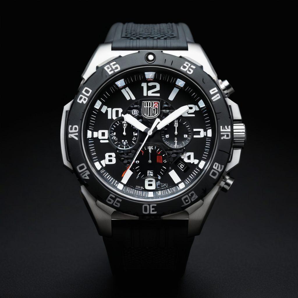 A sophisticated Luminox watch showcased in a modern environment, blending luxury materials like stainless steel and black rubber. The watch, displaying intricate details, is surrounded by soft lighting that highlights its innovative features, along with subtle tech elements like circuit patterns in the background. A blend of elegance and functionality radiates from the composition. super-realistic. vibrant colors. dark background.